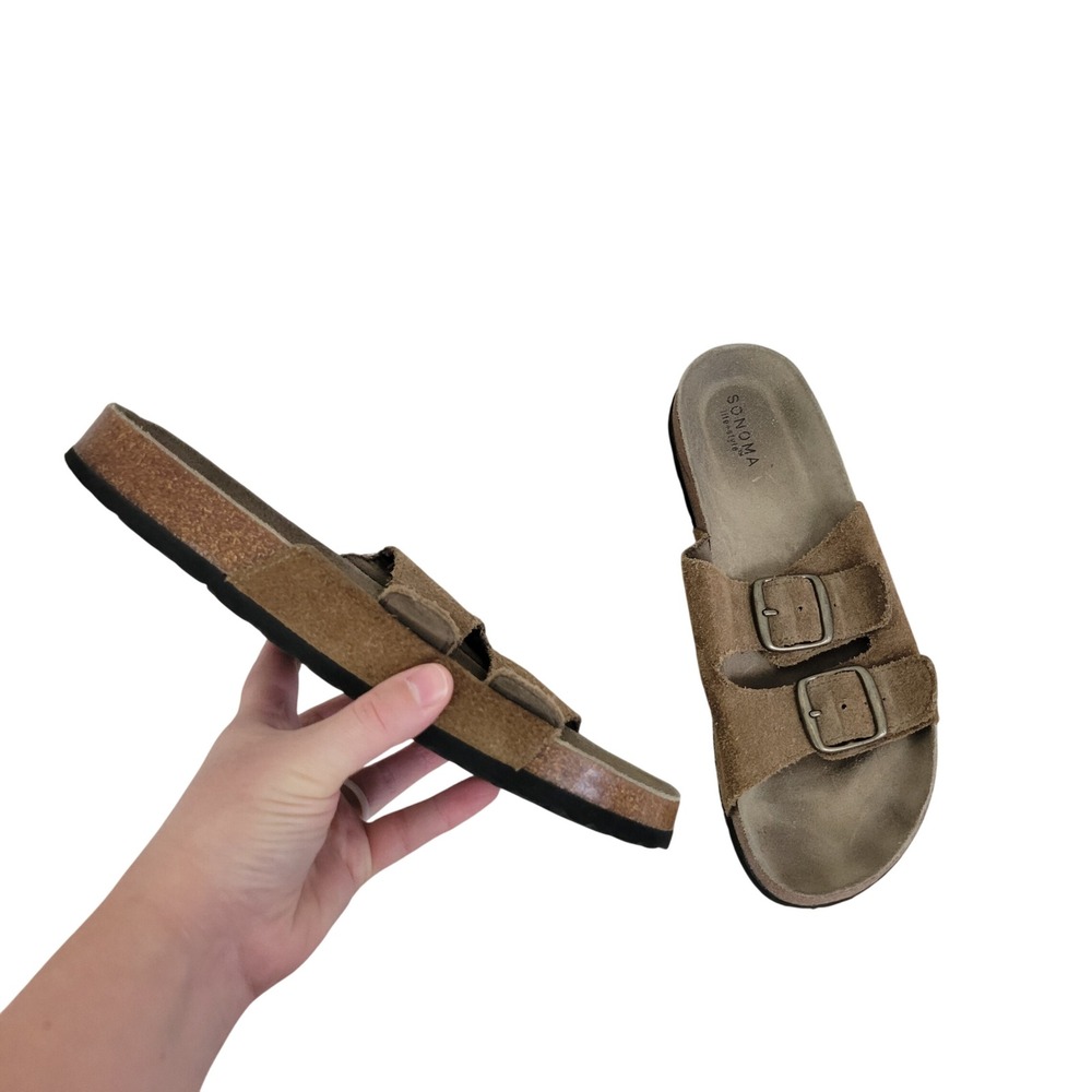 Sonoma Double Buckle Genuine Leather Slide Sandals Tan Size 9